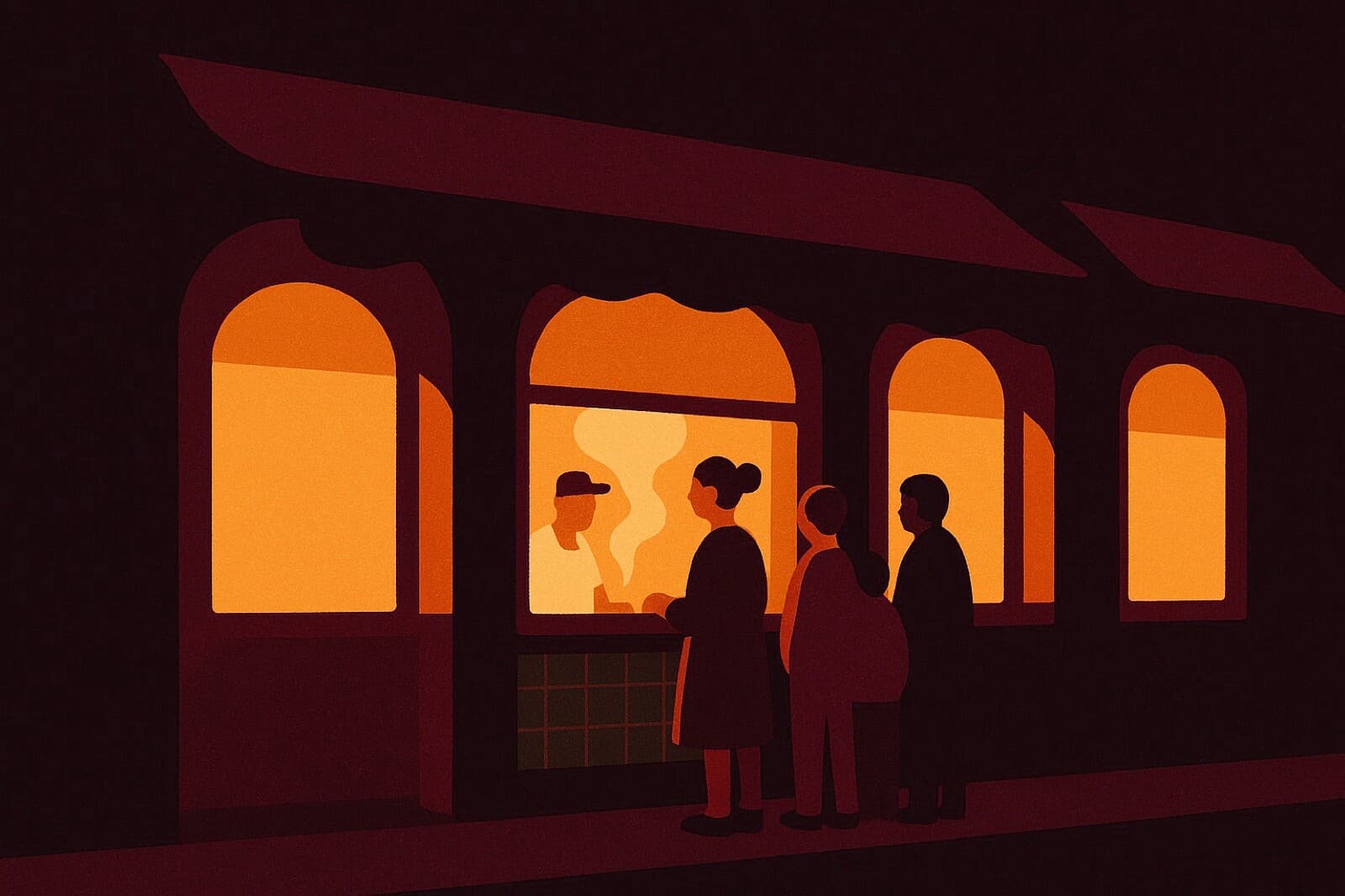 A street of lit serving windows at night, with people queuing at one of them