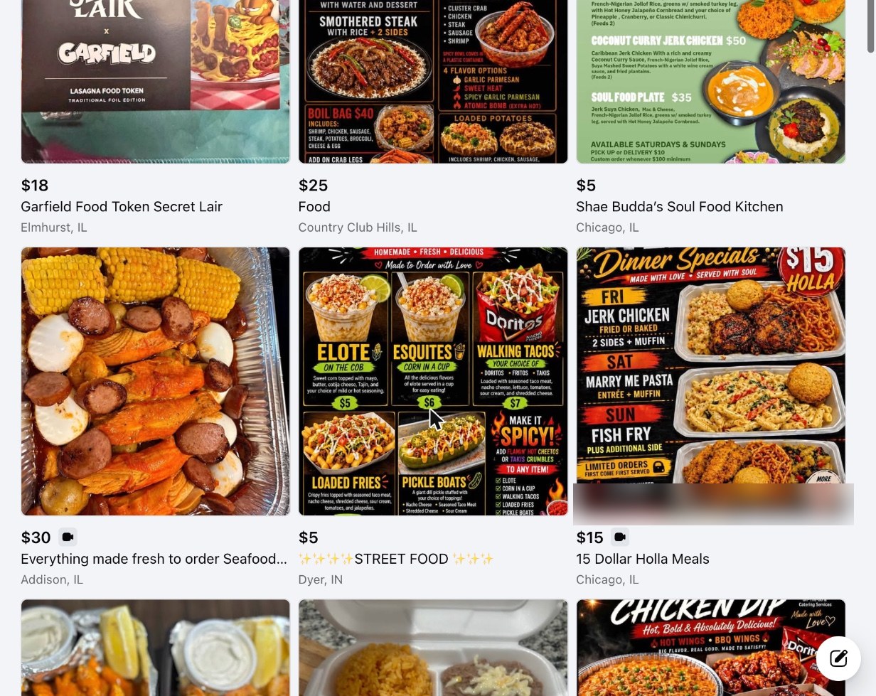 Food listings in Chicago on a classifieds app